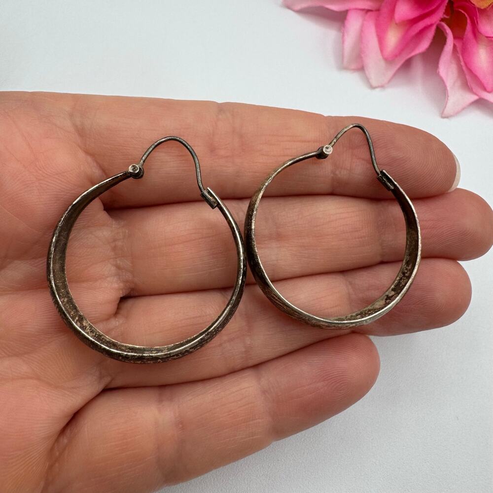 Vintage 925 Sterling Silver Tarnished Hoop Earrings Stamped Tested 6.39 grams - Picture 7 of 10